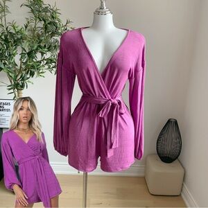 Princess Polly Pink Purple Shimmer Wrap Romper Tie Waist V Neck Sexy
